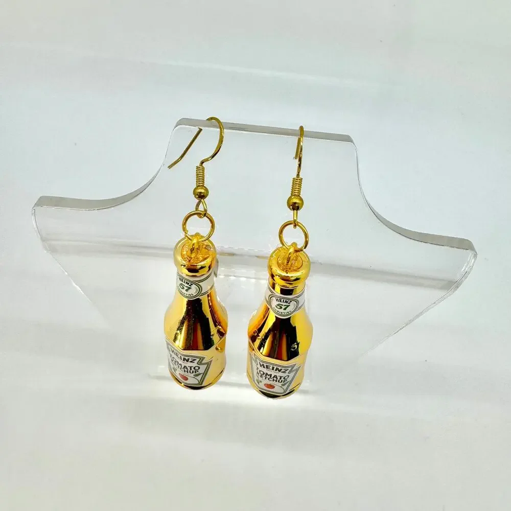 Gold Ketchup Earrings - Metallic Condiment Dangles - Funky Foodcore Aesthetic